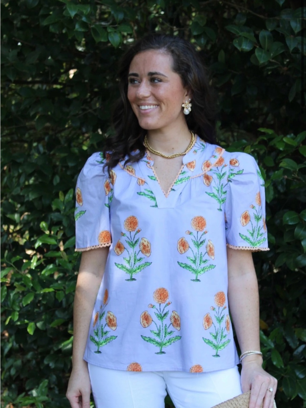 JODIFL Lavender Floral Embroidered Puff-Sleeve Tunic